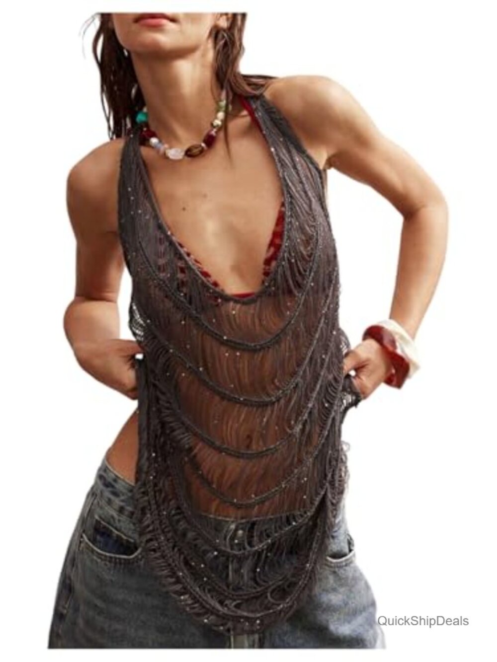 Sequin Halter Cowl Neck Fringe Ripped Festival Rave Dance Top